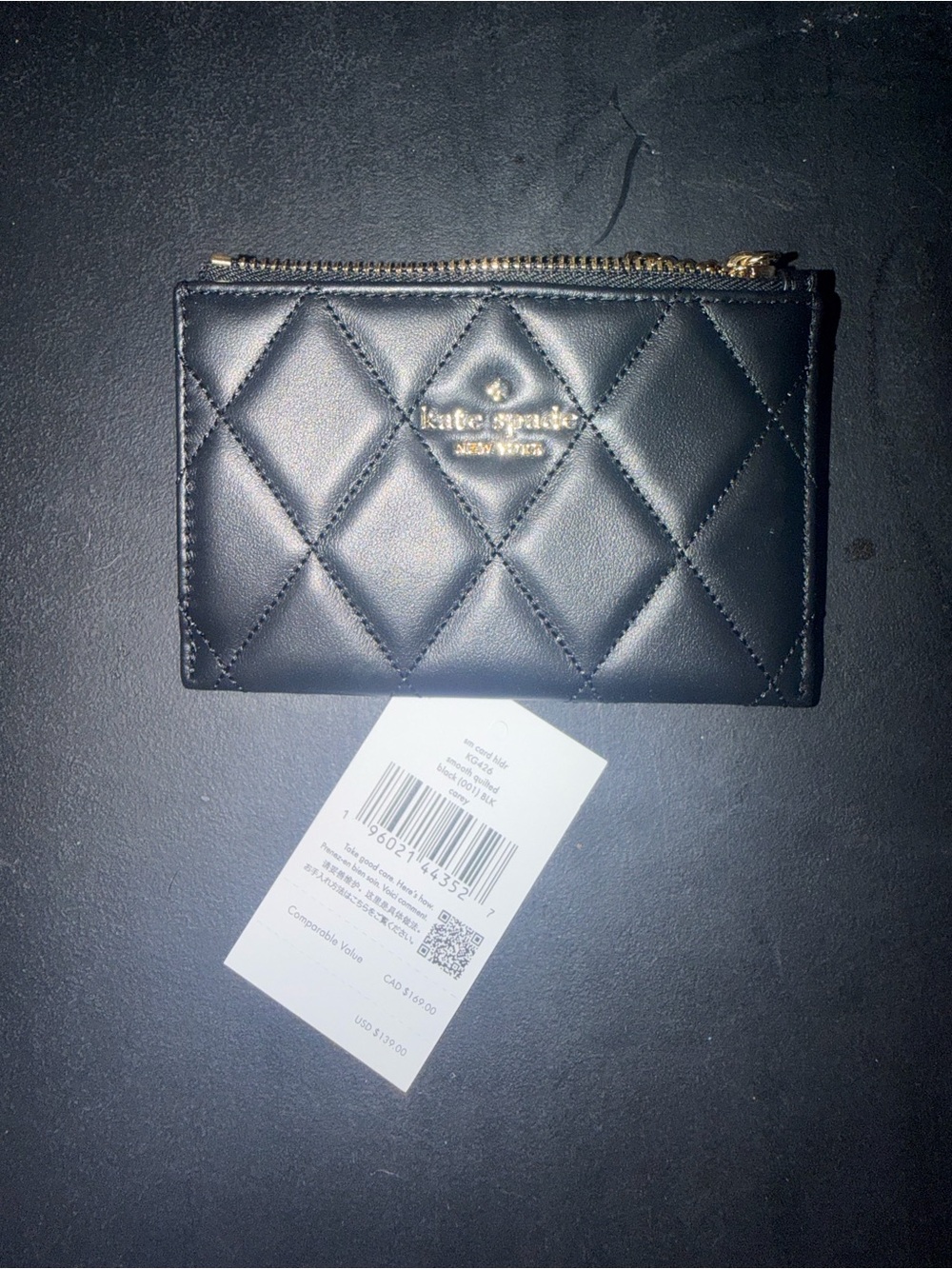 kate spade Black Quilted Leather Card Pouch with Gold Hardware